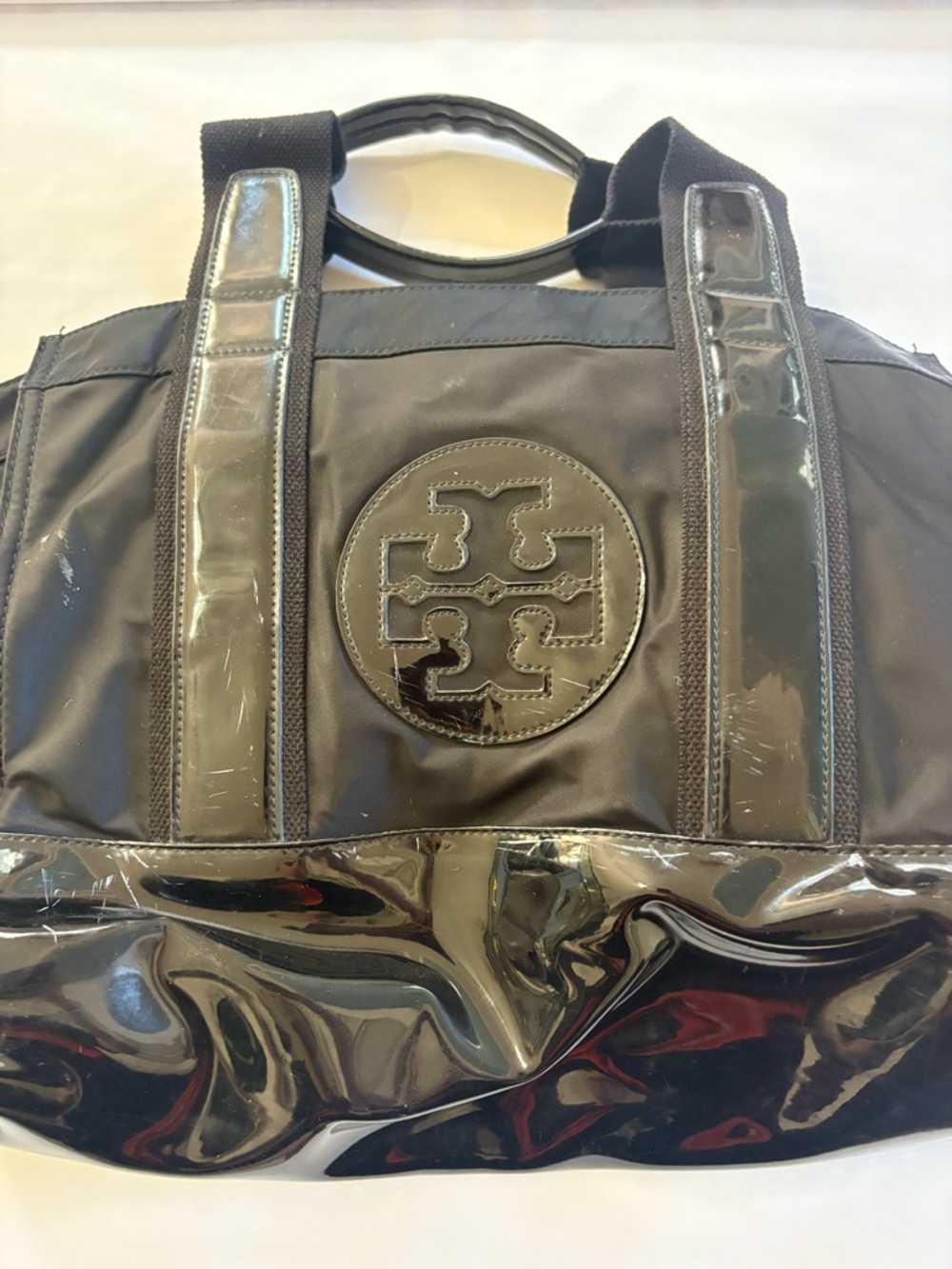 Tory Burch Black Logo Duffel with Patent Trim